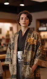 a woman standing up with a cup and coffee