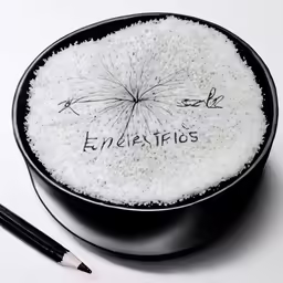 a bowl that has a pencil in it with some writing on the bottom