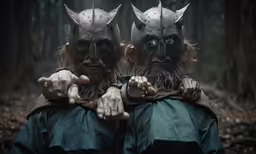 two people standing side by side wearing viking headgear and helmets