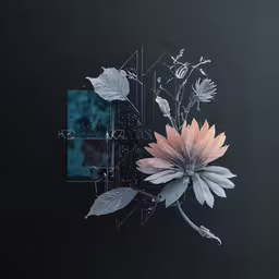 a black wall with a photo of flowers on the wall and a frame,a flower that is standing next to an image