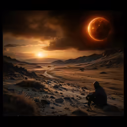 the man is sitting on a hill looking at the setting sun