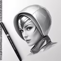 a pencil drawing of a woman with a helmet