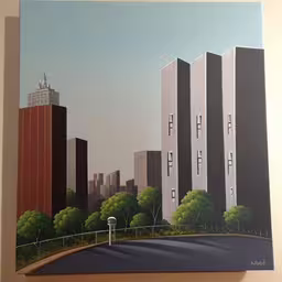 a painting of a city on the wall,painting with a large cityscape next to a tall building