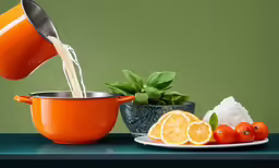 a yellow pitcher pouring water into a plate with tomatoes and rice
