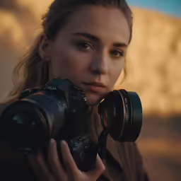 a woman is holding a camera next to a mountain