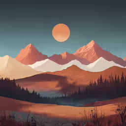 a painting with the sun in the background and mountains in the foreground,a painting of mountains with trees and a full moon
