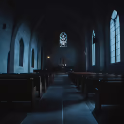 empty rows of pews in church filled with lights