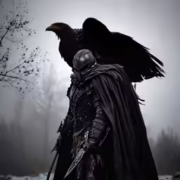 a man in a full armor standing next to an eagle