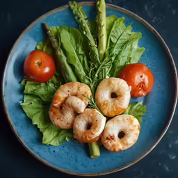 there are several tomatoes, a pickle and shrimp on a blue plate