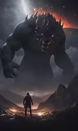 godzilla in the dark with moon and planets