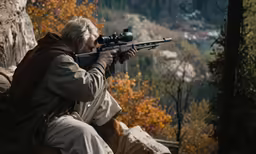 a man with a gun in the woods