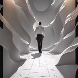a man in a white shirt walking through a white room