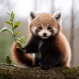 a red panda cub holding a branch on top of a tree