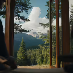 a window shows mountains and trees from inside