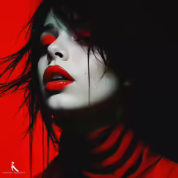 a lady with red lipstick and black hair wearing a halter neck dress