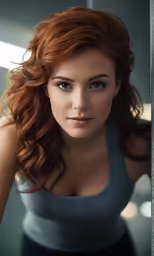 a close up view of a woman with red hair