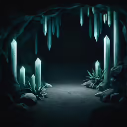 a cave entrance at night with a couple lights