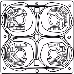 an intricate piece of art in the form of four blocks,an abstract piece from a drawing, with the letter c and a number six in the middle,an intricate design with four intersecting circles, in black and white,a coloring page with four squares and lines,a printable coloring page with three circular holes