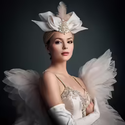 the beautiful model poses for the photographer in her evening gown