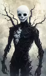 a skeleton is surrounded by branches and has spooky leaves