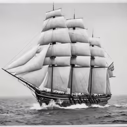 the tall ship is sailing in the open ocean