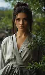 young woman in white costume standing among greenery