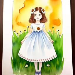 a drawing is shown with the girl in the grass,the picture depicts a young girl with daisies in her hair