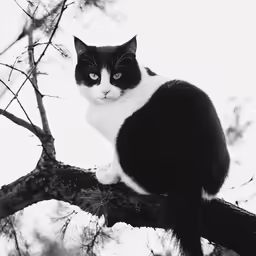 a black and white cat sits on a tree branch