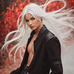 a woman in black is standing near some leaves