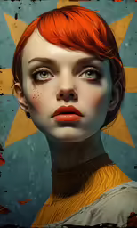 an altered photograph of a woman with red hair