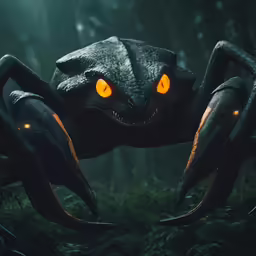 a spider with glowing eyes sits in the woods