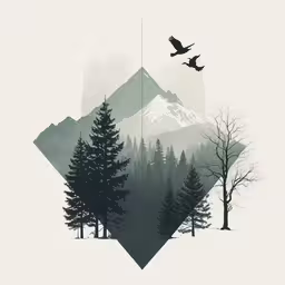 a snow covered forest with three mountains behind it
