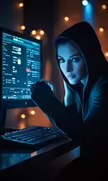 a woman sitting in front of a computer at night