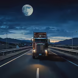 an image of a truck riding in the middle of the road at night