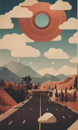 a poster with an advertisement on the road near mountains