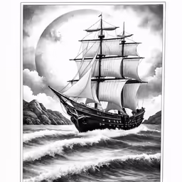 an antique print of a ship sailing on a choppy sea