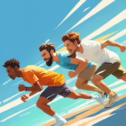 three men are running on the blue background