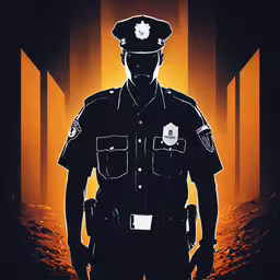 a police officer is standing in the dark,a man standing in front of an orange light