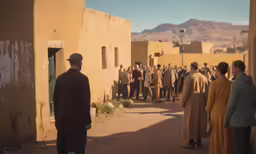 a group of people standing outside of some buildings