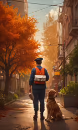 a dog sits on a leash near an officer walking his dog down a city street,the street view of a person, dog and buildings