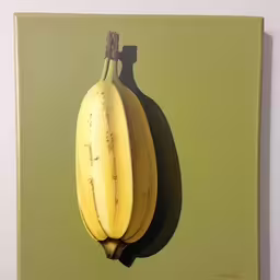 a painting of two bananas hang from a hook