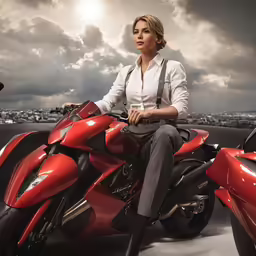 the woman is sitting on her motorcycle in the city