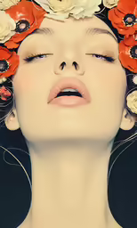 a woman with flowers around her eyes is dressed in floral headpieces
