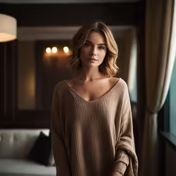 a woman standing in front of a couch in a room