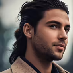 a close up of a man with long hair