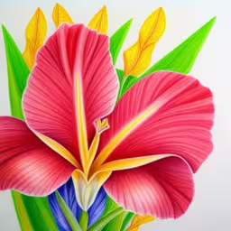 a pink flower on top of a vase filled with water,this is a colored drawing of a flower