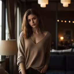 a woman in a beige sweater leaning against the corner