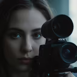 a woman holding up a camera to her face