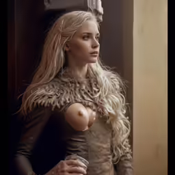 the girl is wearing a fur coat and holding a glass