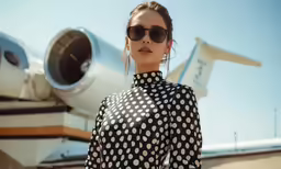a woman standing in front of an airplane with sunglasses on